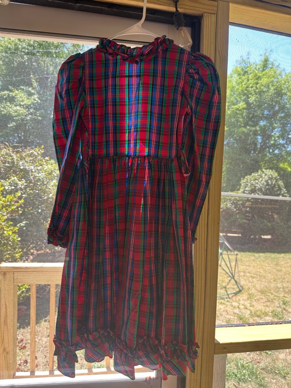 Yves Saint Laurent 10-12 Red & Green Plaid Ruffled Long Sleeve Dress see descrip